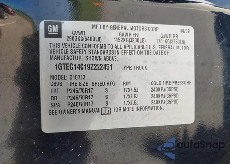 2009 GMC Sierra 1500 Work Truck from USA, damaged, VIN 1GTEC14C19Z222451